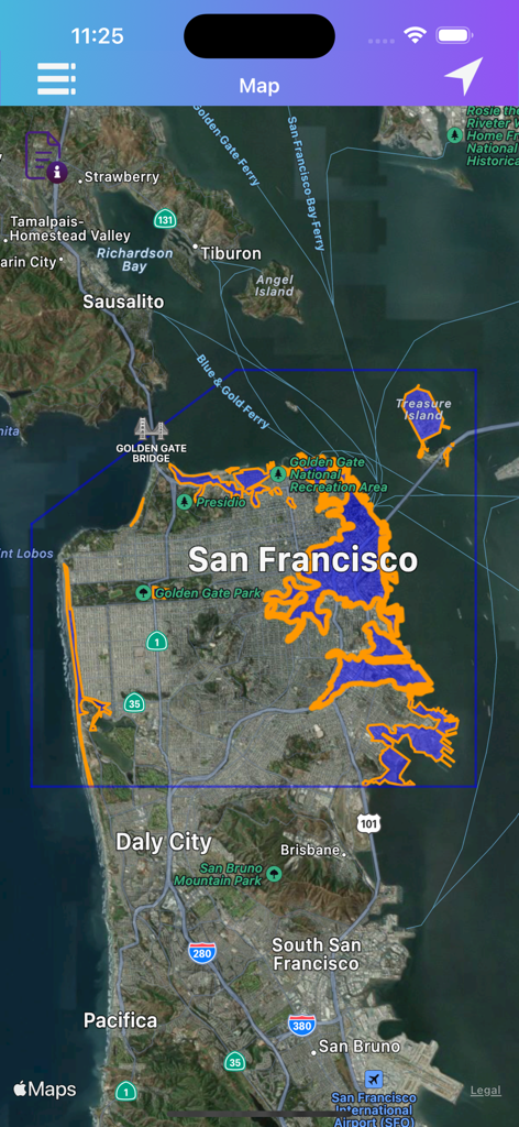 KML KMZ Viewer-Converter - KML KMZ Viewer app displaying a custom spatial data overlay on a satellite map of San Francisco