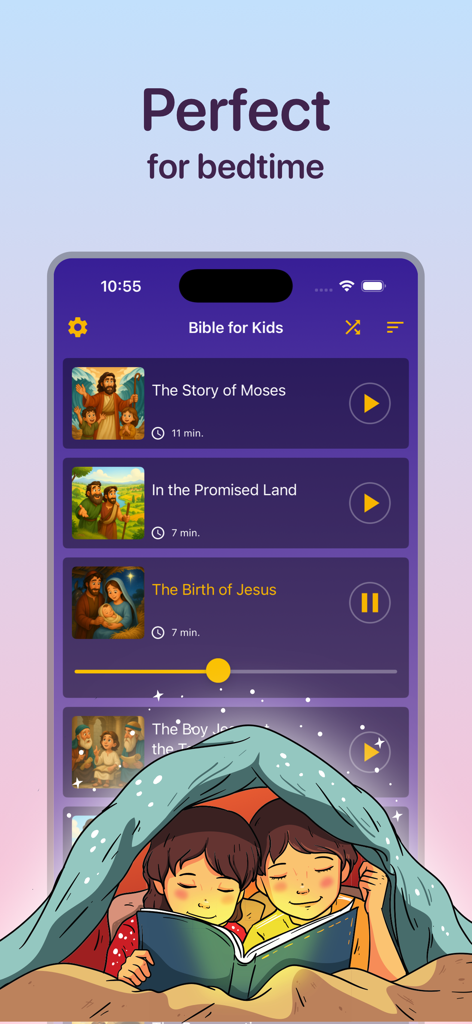 Bible for kids Bedtime stories - Interface of the Bible for kids app showing a playlist of biblical audio stories with an illustration of children under a blanket