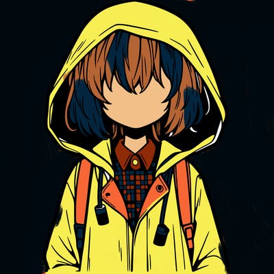 little anime girl in a raincoat her hair is covering her eyes she has a lighter