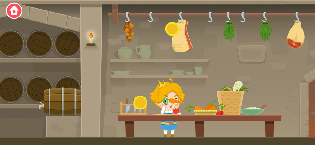 Il personaggio del Piccolo Principe che prepara verdure in una cucina del castello.