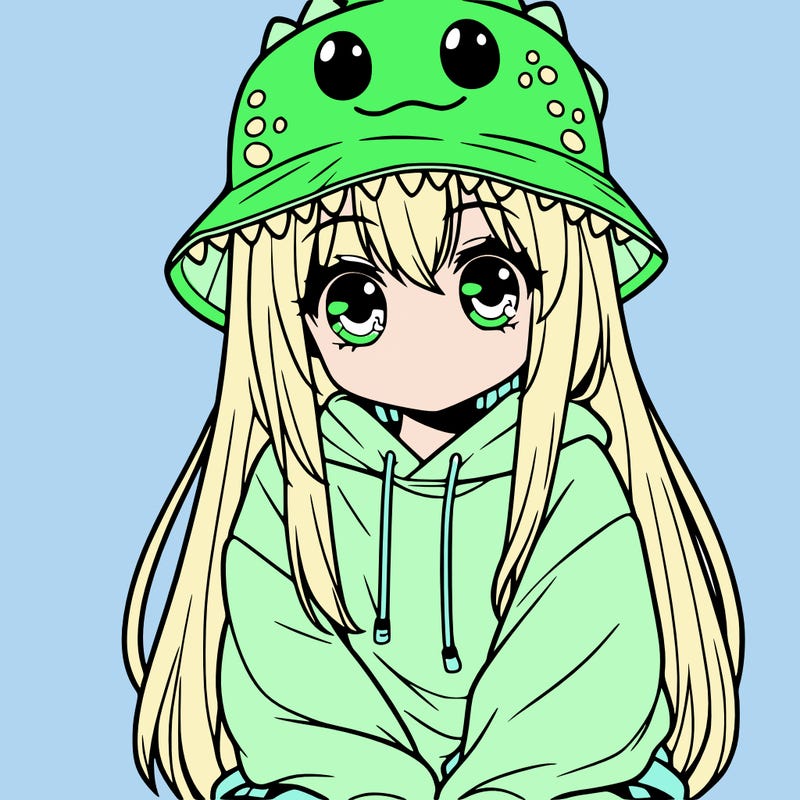 girl with anime shaped eyes with a dinosaur bucket hat oversized sweatshirt long straight hair