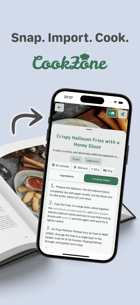 CookZone - Recipes Manager - App CookZone mostrando una receta de Crujientes de Halloumi importada de un libro de cocina físico