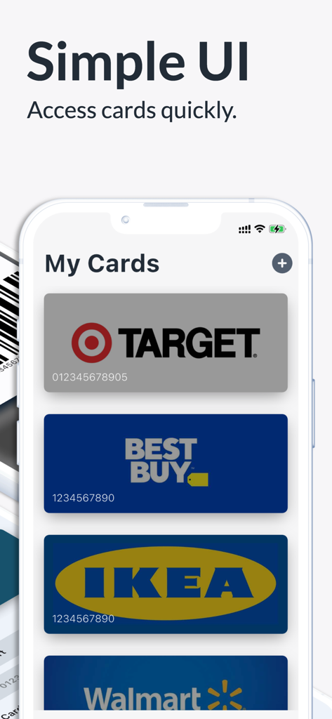 Fotom app screen showing digital loyalty cards for Target Best Buy and IKEA in a clean interface