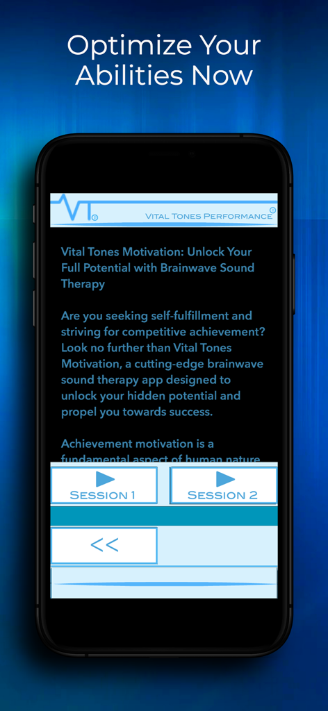 Módulo de motivação do aplicativo Vital Tones Performance com sessões de terapia sonora de ondas cerebrais