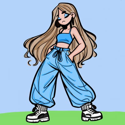girl in baggy pants crop top and long hair