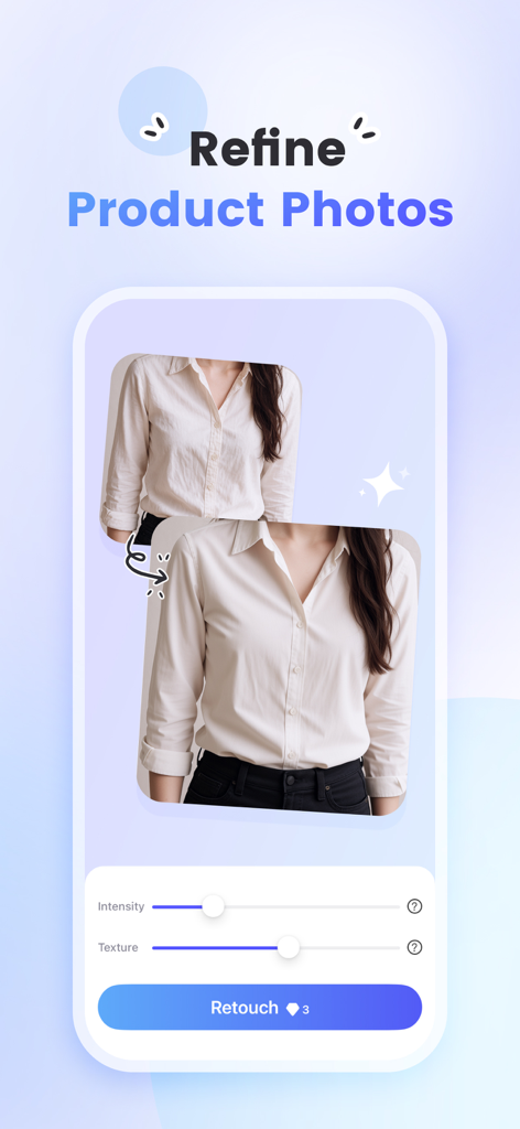 PicWish: AI Photo Editor - Interface of PicWish AI photo editor showing the retouch tool to refine product photos of clothing.