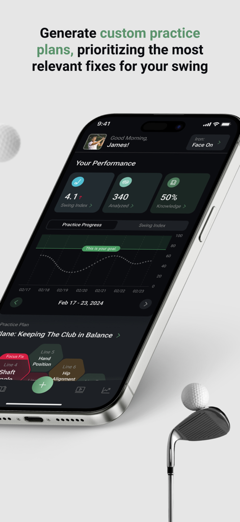 SWEE Golf: AI Swing Analyzer - SWEE Golf App-Dashboard mit Schwungmetriken und personalisierten Trainingsplänen
