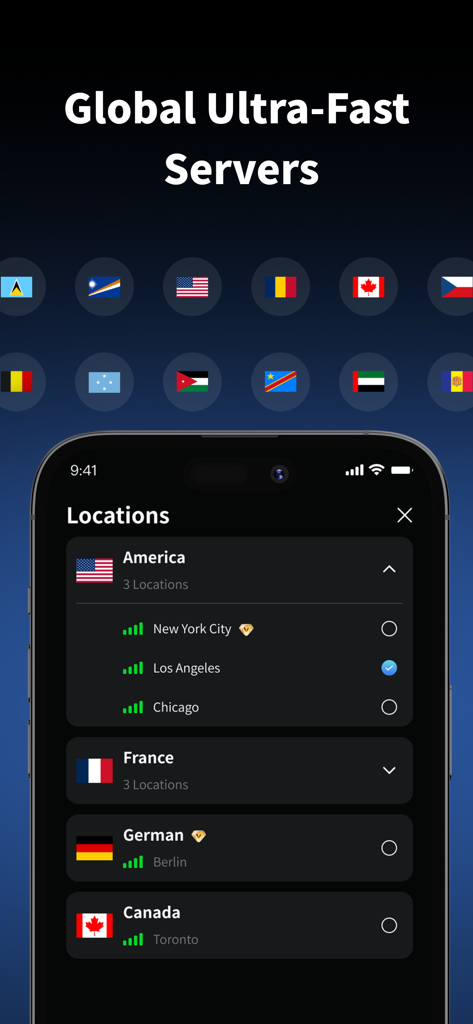 Outline VPN - Fast, Secure VPN - Outline VPN interface displaying global ultra fast server locations across several countries