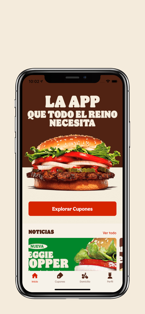 Burger King® Colombia - Startbildschirm der Burger King Kolumbien App mit einem großen gegrillten Burger und einer Schaltfläche zum Erkunden von Gutscheinen.
