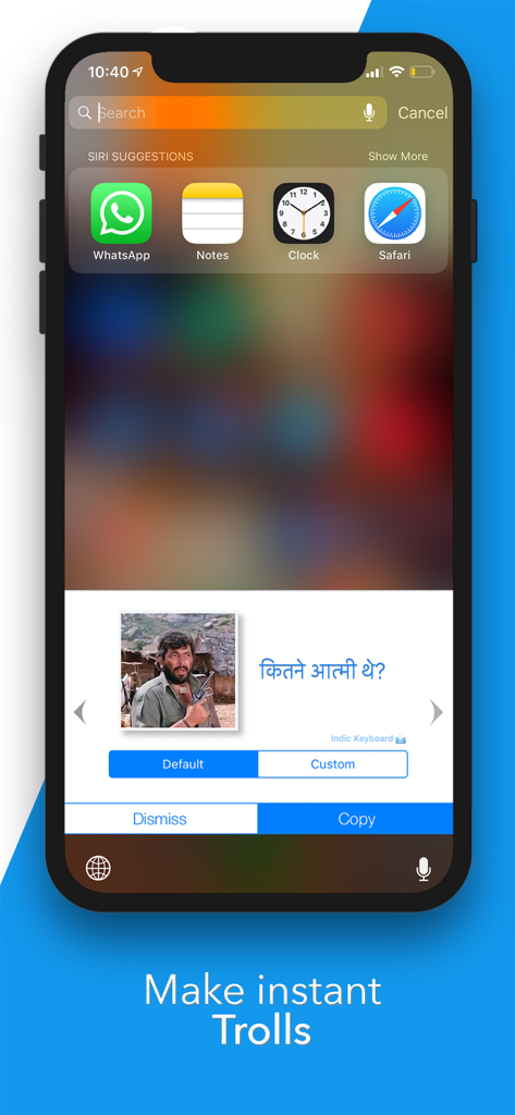 Indic Keyboard : 13 Languages - indic keyboard mobile app showing the instant troll and meme creation feature with hindi text