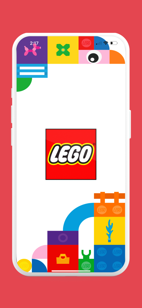 Tienda LEGO® Perú - Pantalla de bienvenida de la app Tienda LEGO Perú con el logo oficial de LEGO y coloridos gráficos de bloques de construcción.