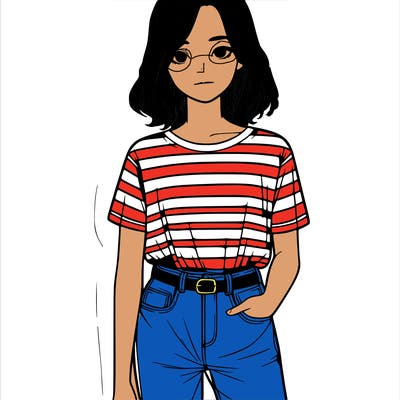 a realistic teenage girl wearing a striped shirt and jeans