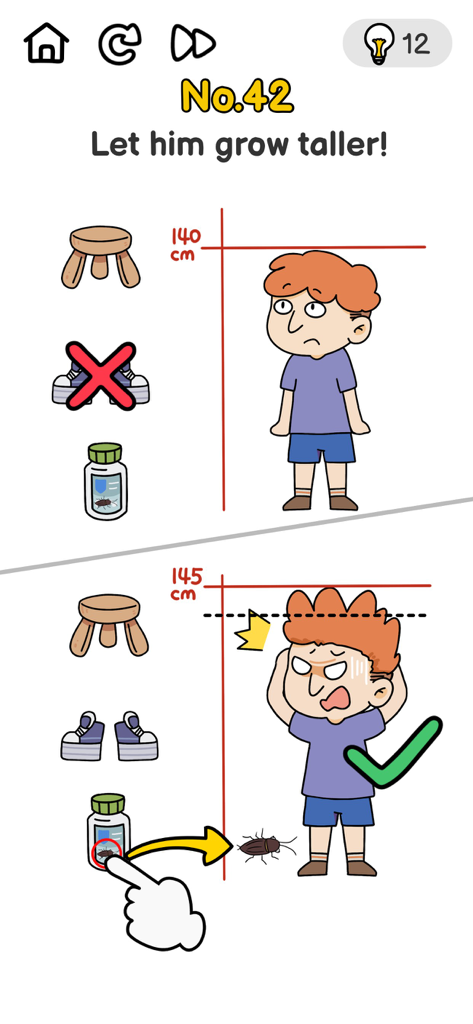 A tricky puzzle in Brain Out where a boy grows taller by being scared by a cockroach