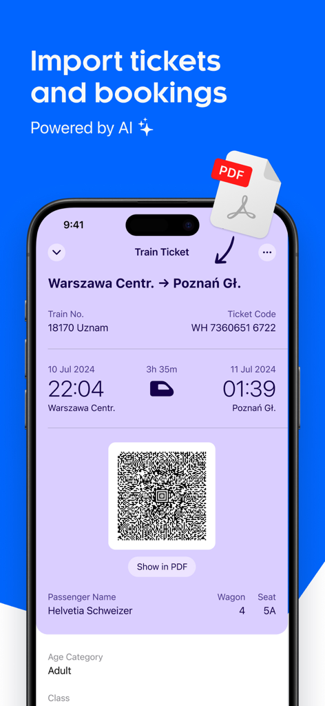 Folio: Digital Wallet App - Una schermata dell'iPhone che mostra un biglietto del treno digitale con codice QR e dettagli di viaggio importati da un file PDF tramite intelligenza artificiale
