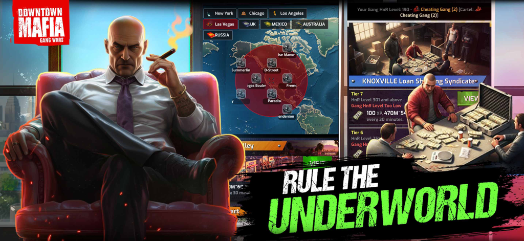 Downtown Mafia: Gang Wars RPG - A mafia boss sitting in a leather chair smoking a cigar next to the text Rule the Underworld