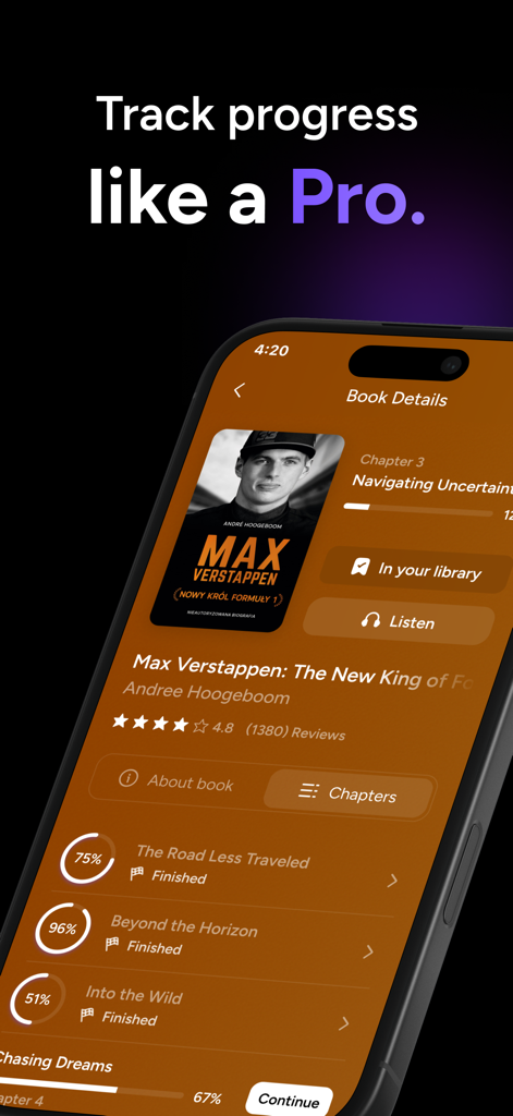 Bookgenius: Read Books Faster - Mobile app screen showing book details and reading progress percentages for various titles