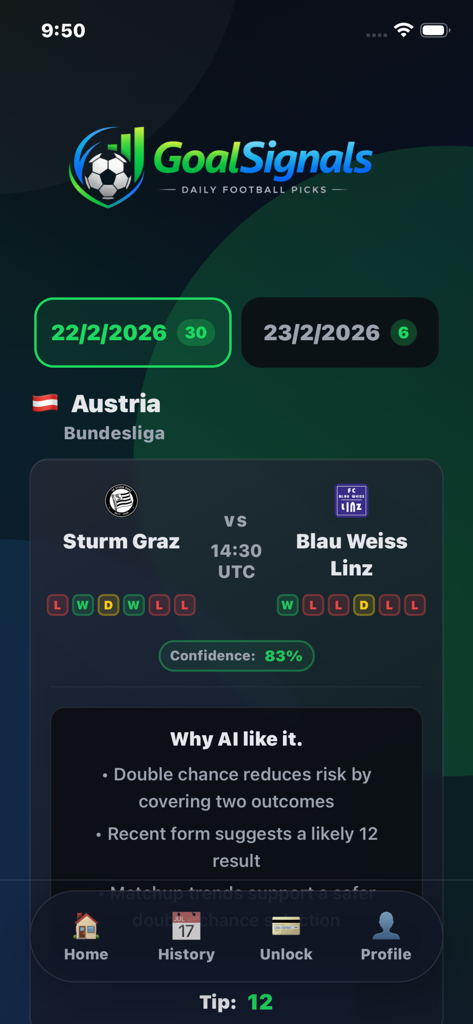 GoalSignals — Football Picks - Interfaz de la aplicación móvil GoalSignals que muestra razonamiento de fútbol por IA y predicción de partidos para un juego de la Bundesliga austriaca