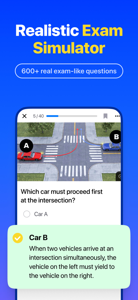 DMV Genie: Permit Test 2026 - DMV Genieアプリの現実的な試験シミュレーターインターフェースには、サンプル運転理論の問題と、進路に関する説明が表示されています。