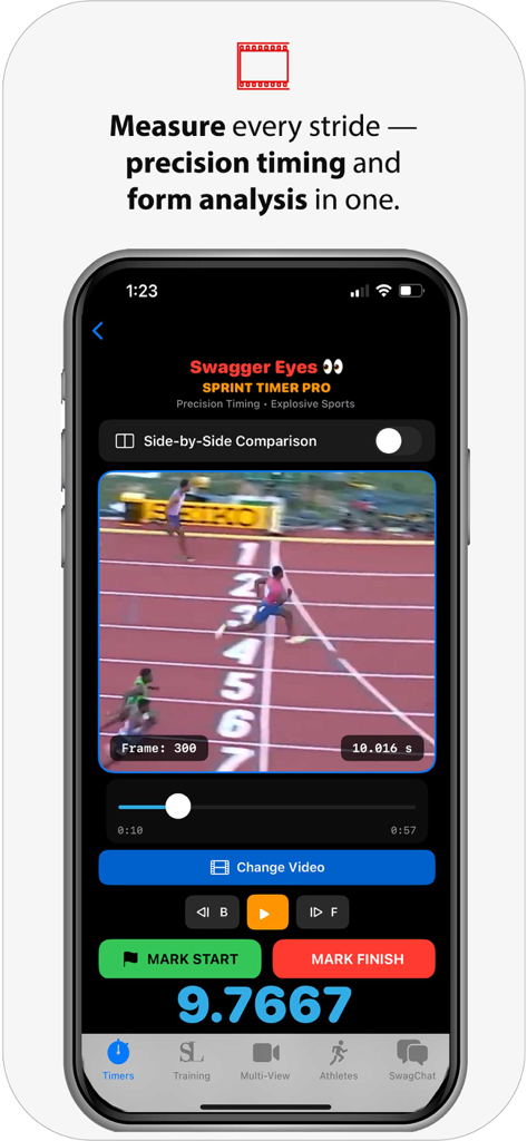 Swagger Eyes: SprintTimer - Swagger Eyes app screen showing precision video sprint timing and form analysis for track athletes