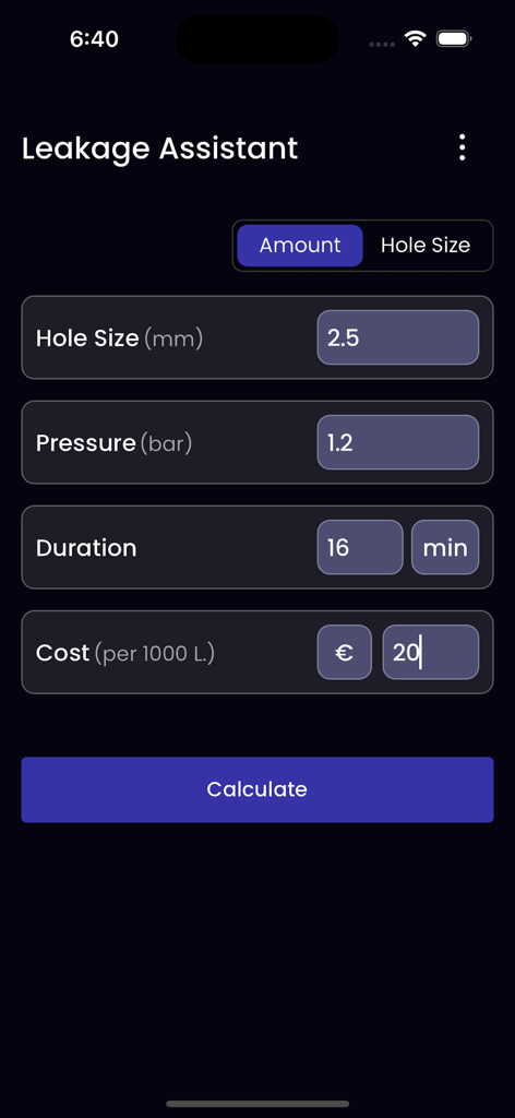 Leakage Assistant mobile app screen showing input fields for water loss calculation with hole size pressure and duration