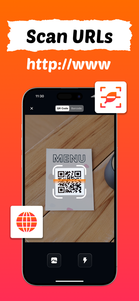 QRBot: QR Code Maker + Barcode - QRBot app scanning a QR code on a restaurant menu to open a URL