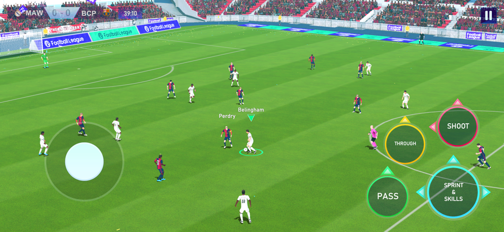 Football League™ 2025 - Football League 2025 gameplay showing a 3D soccer match with on screen mobile controls