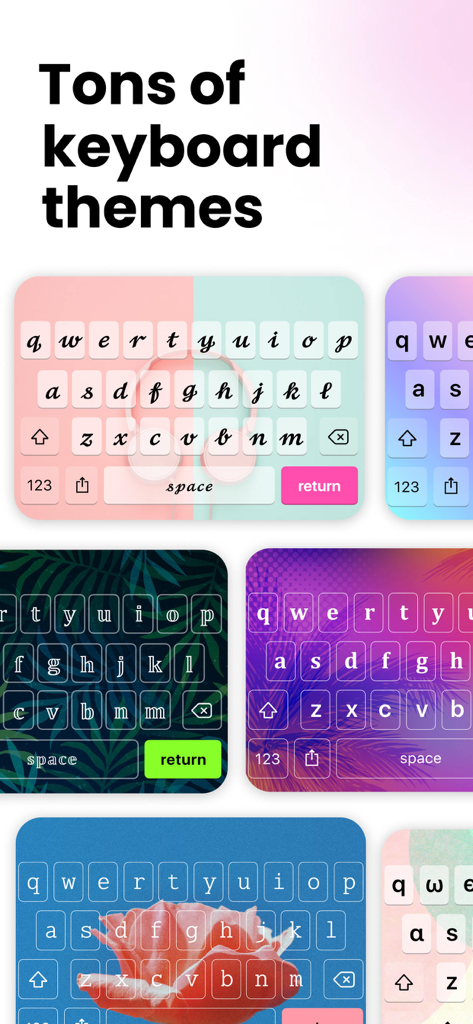 Fonts Keyboard ⋆ - A collection of colorful and aesthetic keyboard skins featuring floral patterns and gradient designs