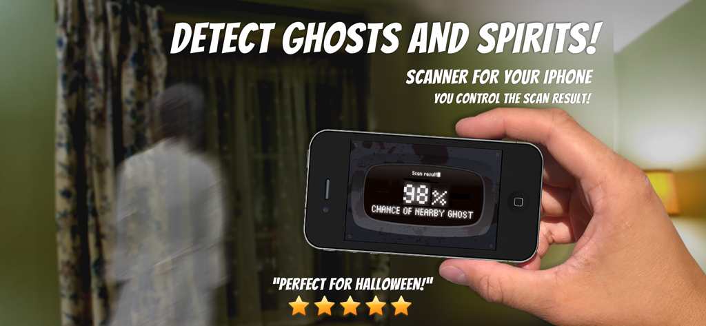 A hand holding an iPhone with the Ghost and Spirit Detector app showing a 98 percent chance of a ghost detection