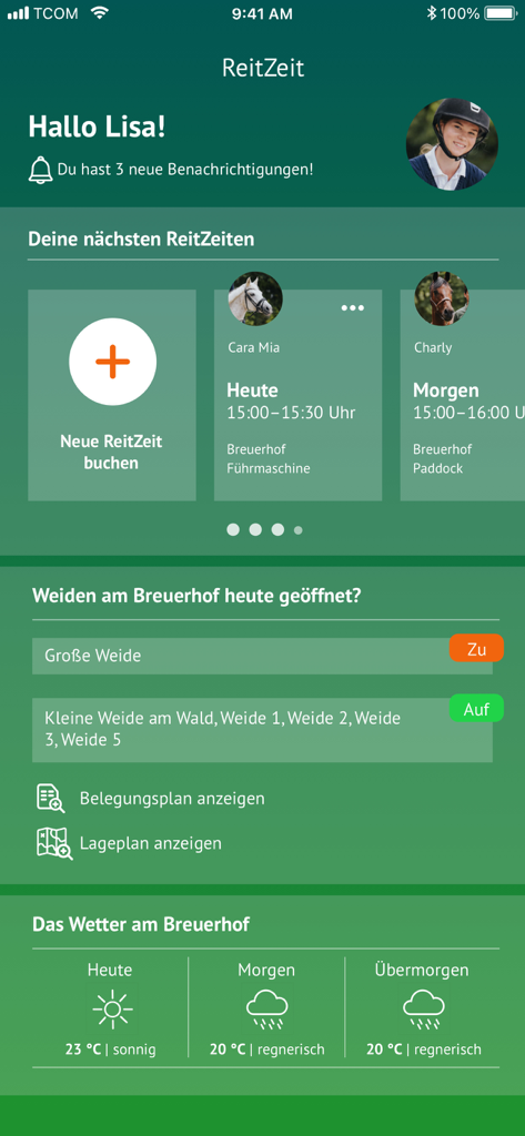Dashboard of the ReitZeit equestrian app displaying horse riding schedules and stable facility status.