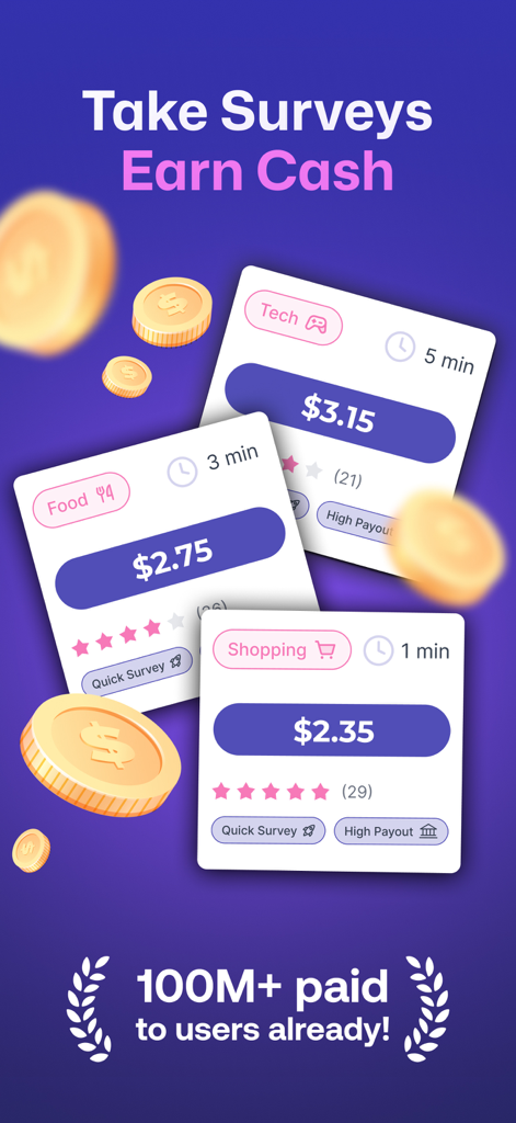 EarnStar app interface showing survey categories like tech and food with dollar payouts and completion times