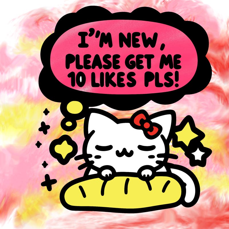 kitty taking a nap dream talking and saying "i'm new, please get me at least 10 likes pls!!"