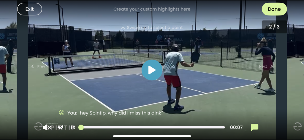Pickleball game video analysis in the Spintip app with AI coaching query