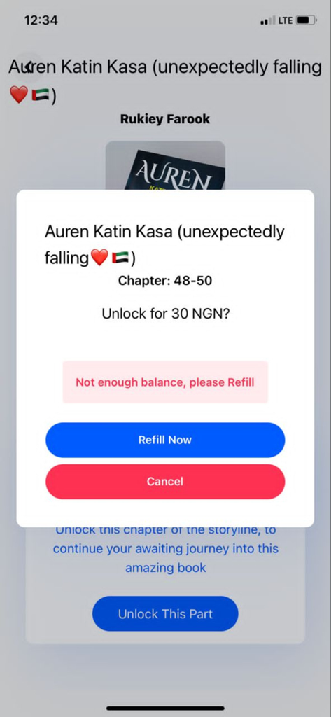 ArewaBooks interface displaying a prompt to unlock story chapters and a refill balance message