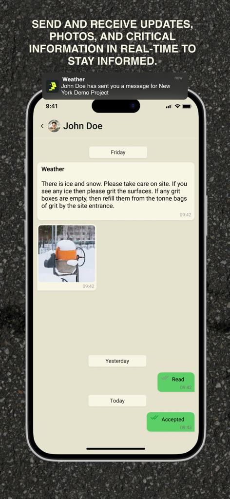 innDex - A smartphone screen displaying real time construction safety messages and photos within the innDex app