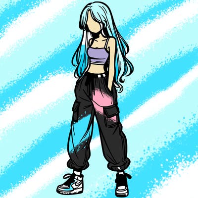 girl in baggy pants crop top and long hair