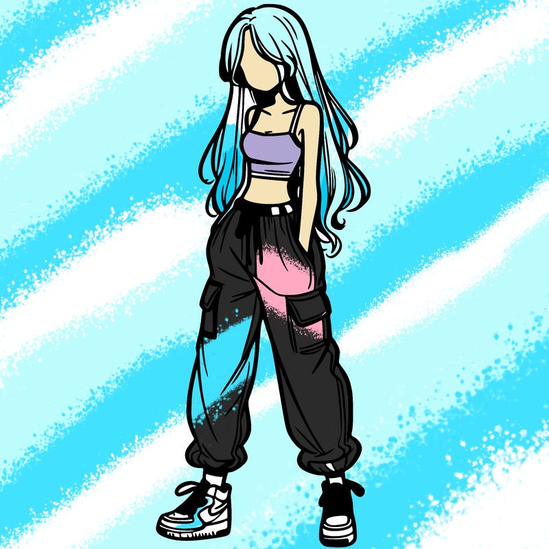 girl in baggy pants crop top and long hair