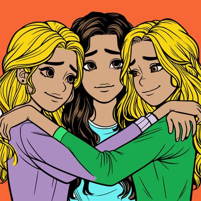 realistic three girls hugging