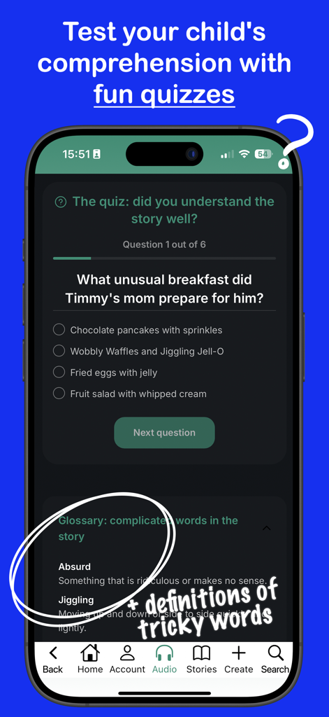 Oh My Tales - Bedtime stories - Una pantalla móvil que muestra un cuestionario de comprensión lectora para niños y un glosario con definiciones de palabras difíciles.