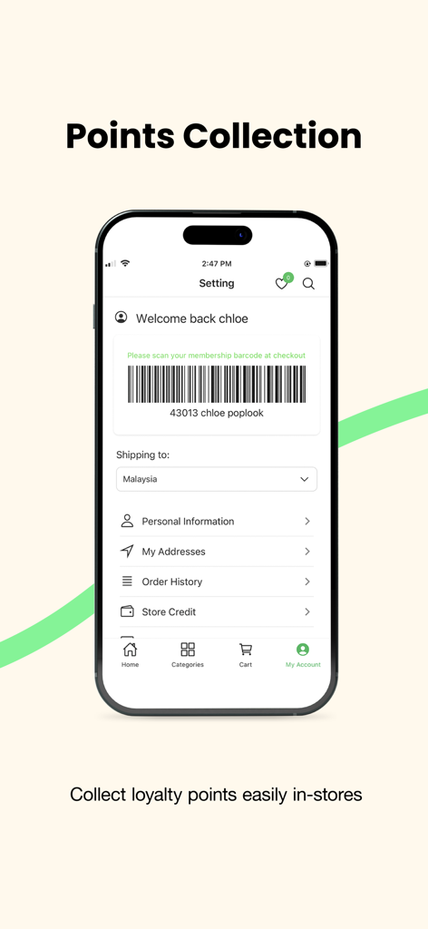 Schermata dell'app POPLOOK che mostra un codice a barre per i membri per raccogliere punti fedeltà in negozio.