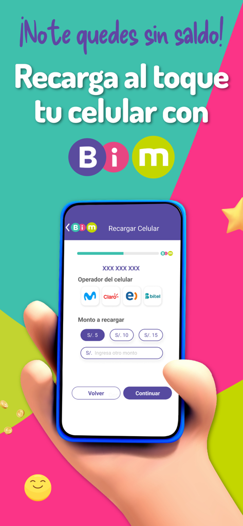 Bim - Tela do aplicativo Bim mostrando opções de recarga de celular para operadoras peruanas