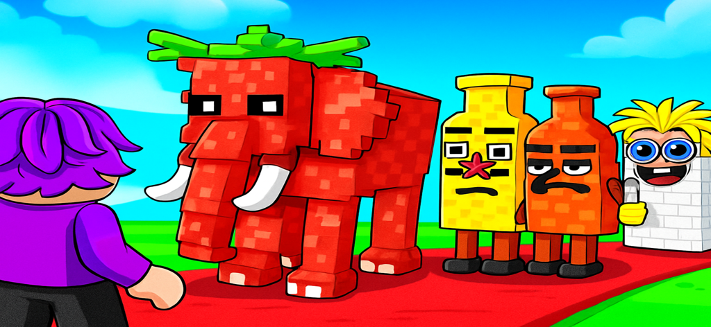 赤みがかったブロック状のストロベリーエレファントとその他の奇妙なキャラクターがカラフルなゲームの世界にいる様子。