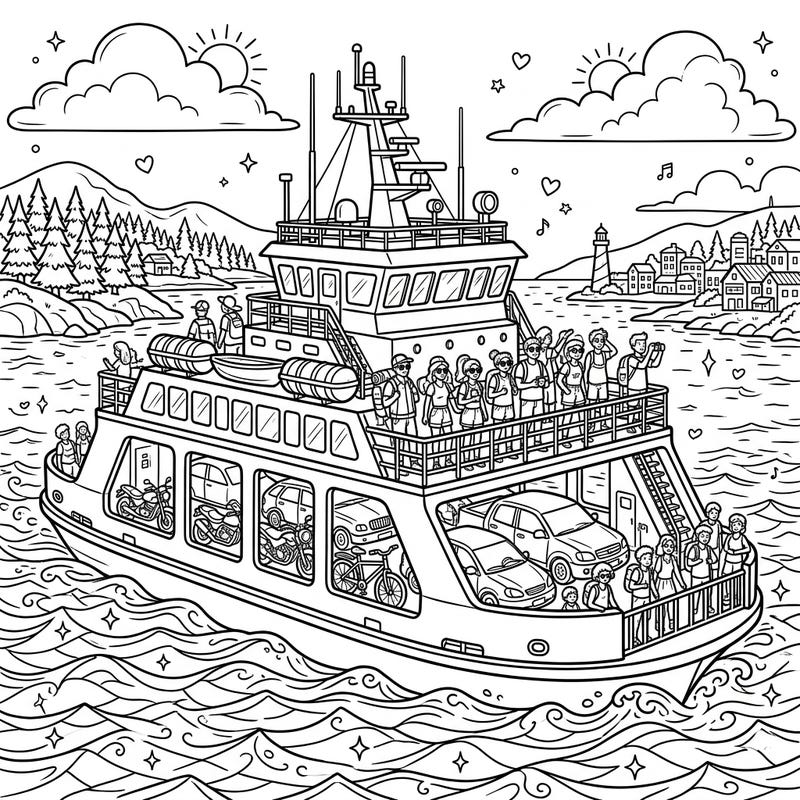 Get ready for a vibrant summer escape with this intricate ferry coloring page, designed especially for teens. This scene captures a bustling boat journey, packed with passengers and vehicles, against a picturesque coastal backdrop.