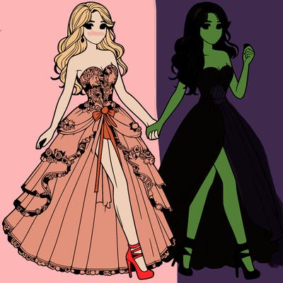 realistic girl in a beautiful dress with her best friend