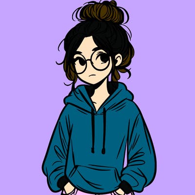 teen girl with a messy bun and glasses wearing a loose hoodie and jeans