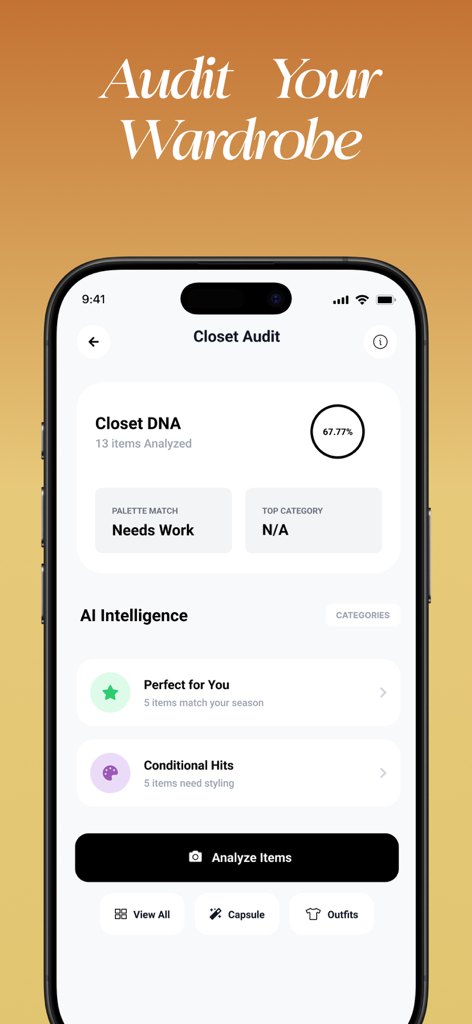 HueCheck: Color Analysis AI - HueCheck app closet audit screen showing AI wardrobe analysis and color palette matching