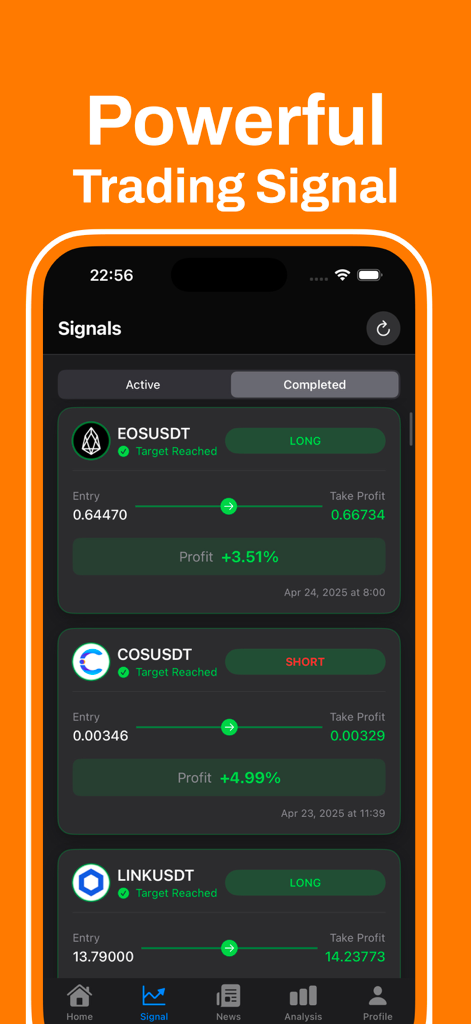 Interface of the AI Trading Bot app showing a list of completed crypto signals for EOS, COS, and LINK with profit percentages.