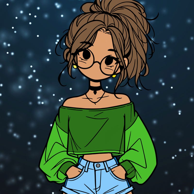 girl with a messy ponytail glasses a baggy crop top and jean shorts