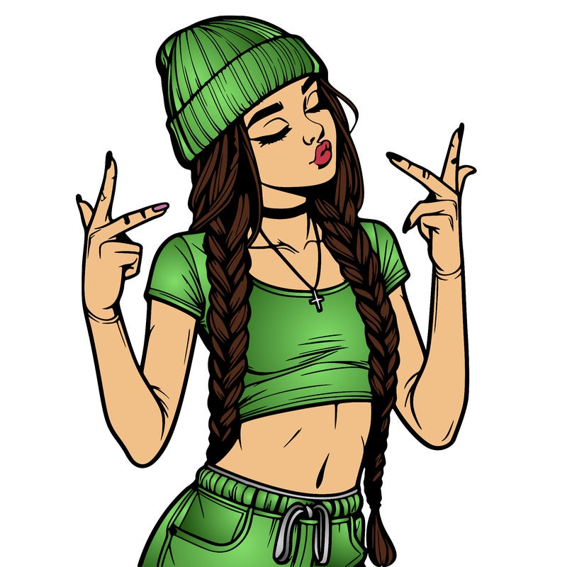 realistic teenage girl with braids and a beanie and crop top doing 🫶🏼