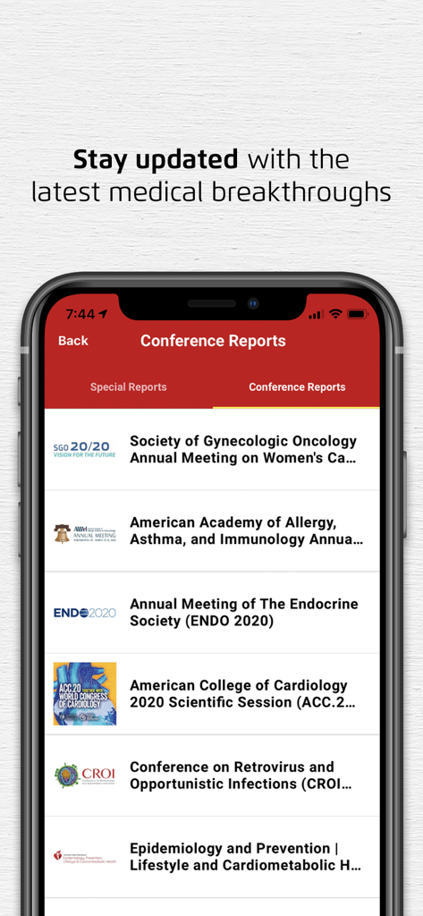 MIMS Indonesia app interface displaying a list of medical conference reports and clinical breakthroughs.