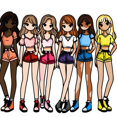 a group of girls wearing crop tops and shorts